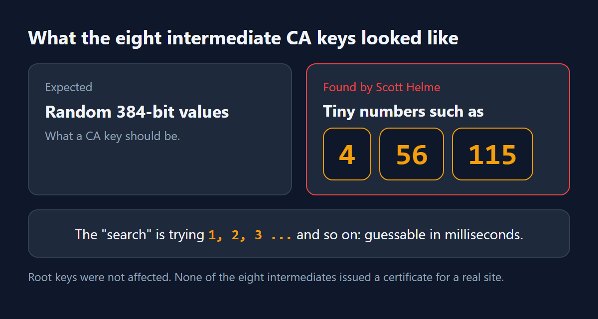 Comparison of expected random 384-bit CA keys versus the tiny numbers 4, 56 and 115 that were actually found, so the search is just 1, 2, 3 and so on.