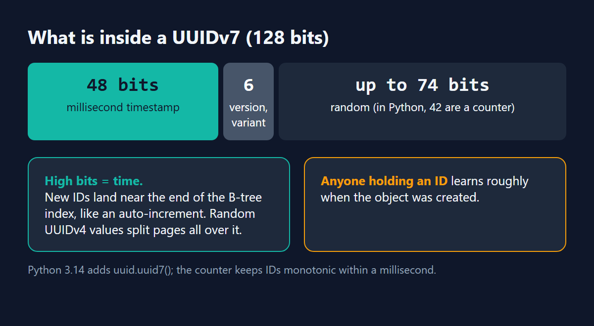Bit layout of a UUIDv7: 48-bit millisecond timestamp, version and variant bits, and up to 74 random bits of which 42 are a counter in Python.