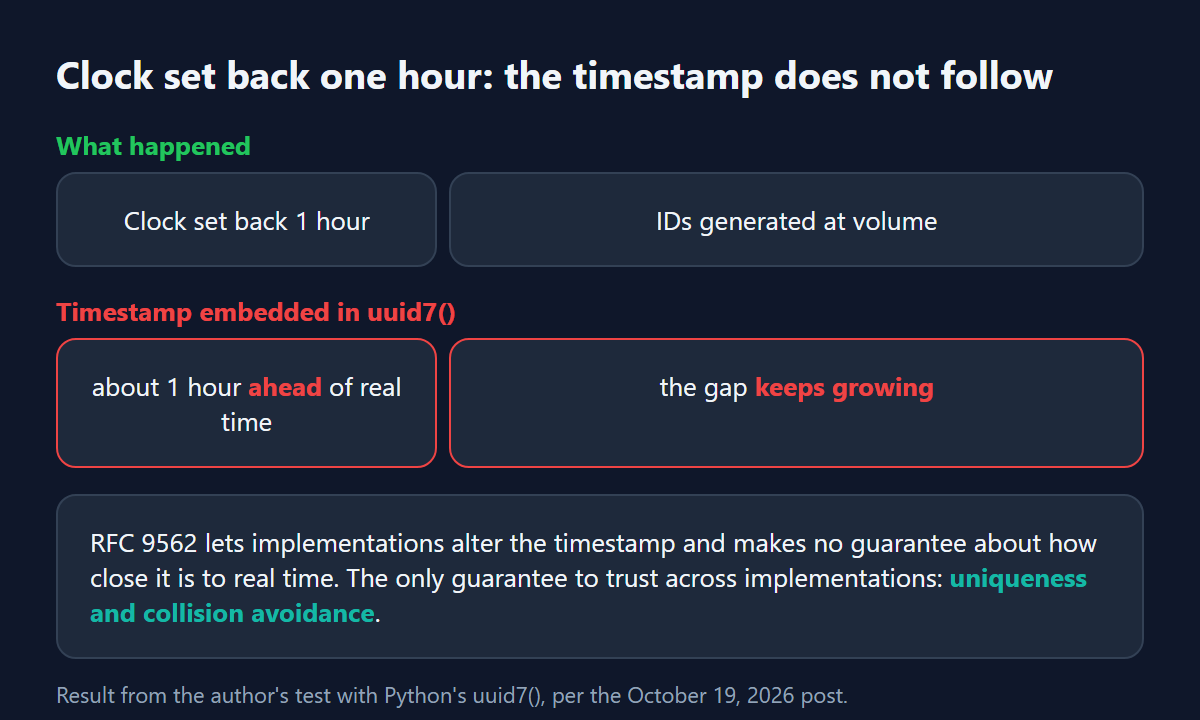 Diagram of the clock-jump test: after the system clock is set back one hour, the uuid7 timestamp runs about an hour ahead of real time and the gap keeps growing.