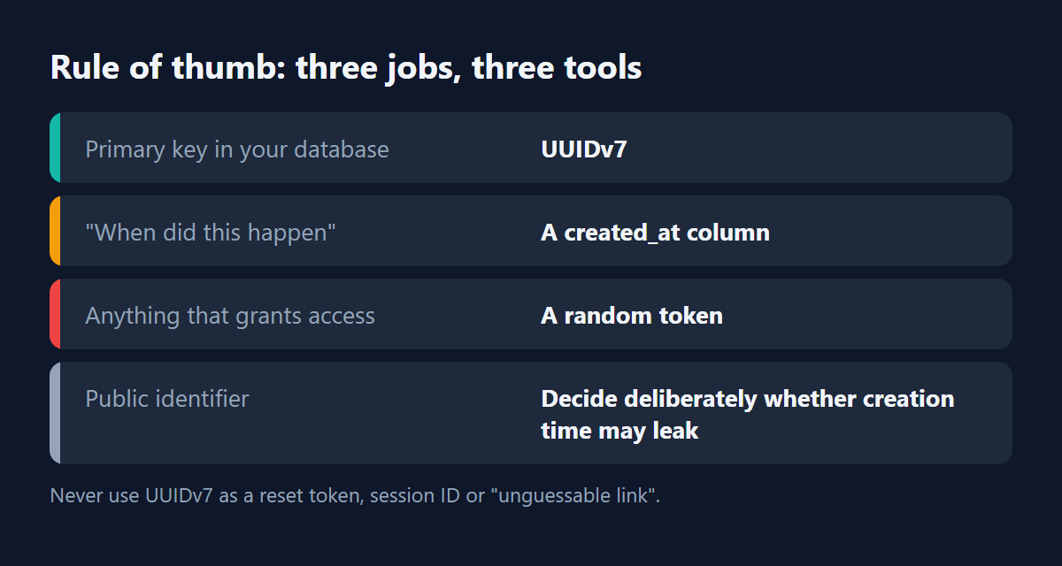 Rule of thumb table: UUIDv7 for primary keys, created_at for time, random token for access, deliberate decision for public identifiers.